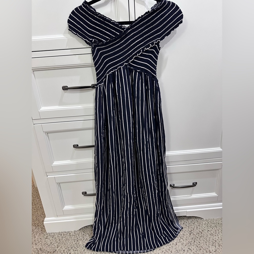 Aqua off the shoulder Striped Maxi Dress